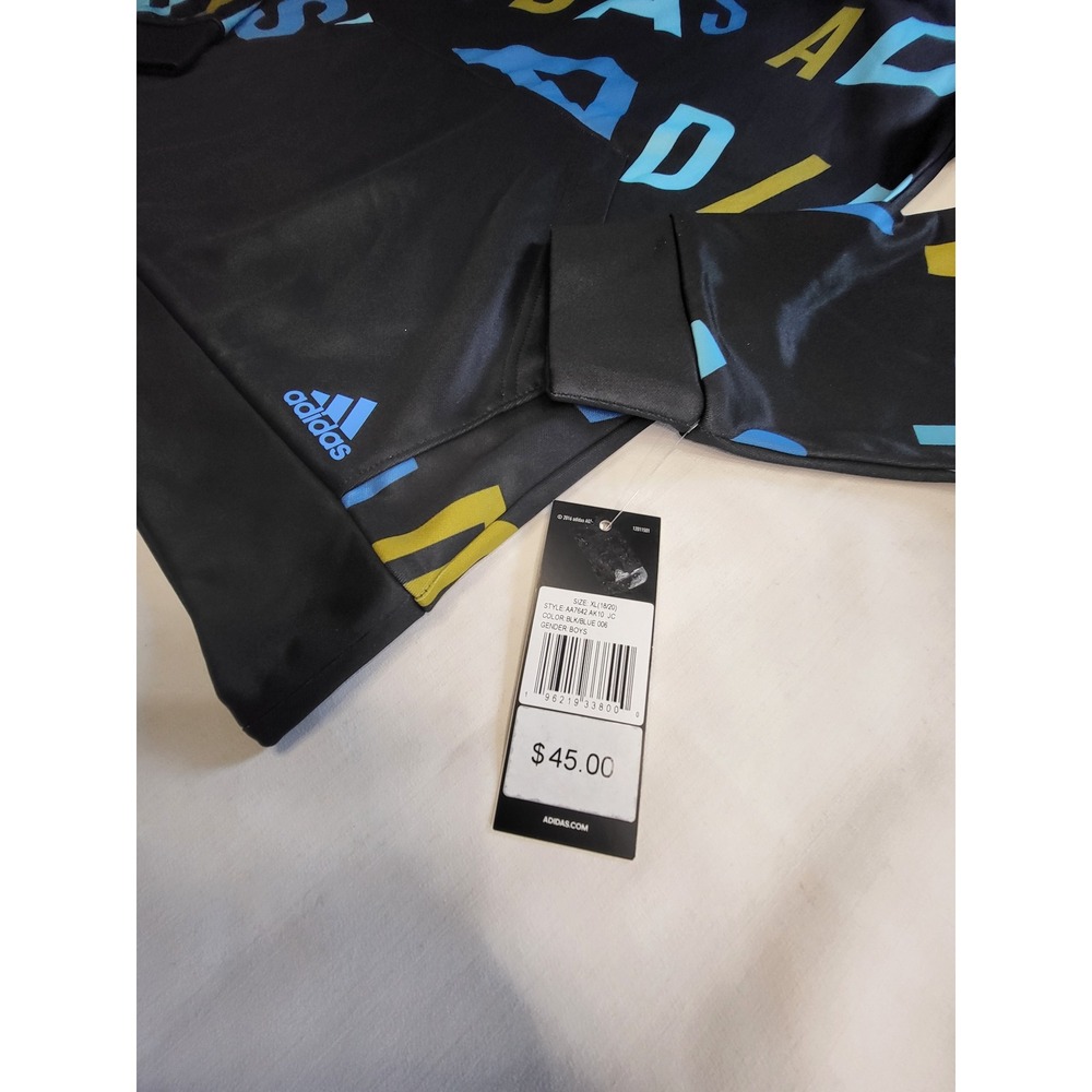 Adidas Boys XL 18/20 Hoodie Black Blue Yellow All Over Logo Print AA7642 NEW - Picture 4 of 8